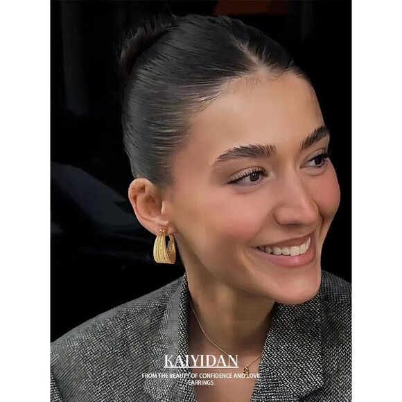 Women's 14K Gold Plated Chunky Dangle Hoop Earring Statement Thick Gold Brushed - Picture 3 of 9